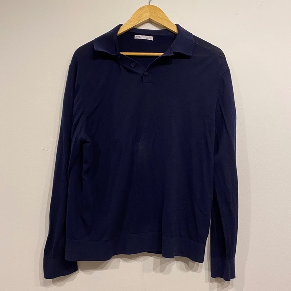 **$5 SALE** Zara Navy Blue Semi Sheer Collared Long Sleeve Polo Top Size Large - Picture 1 of 3